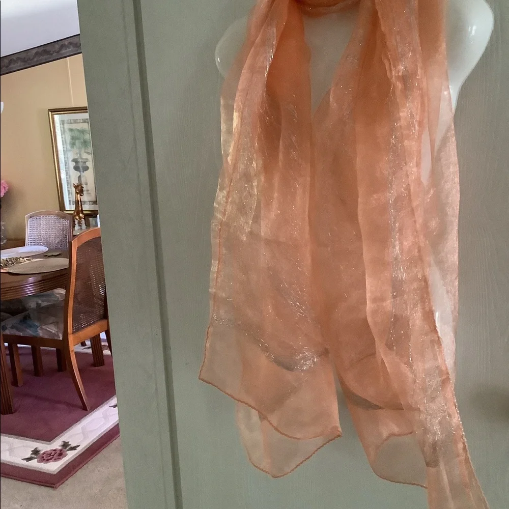 Scarf silk look silver sparkles versatile peach can be worn many ways. 72”x20”